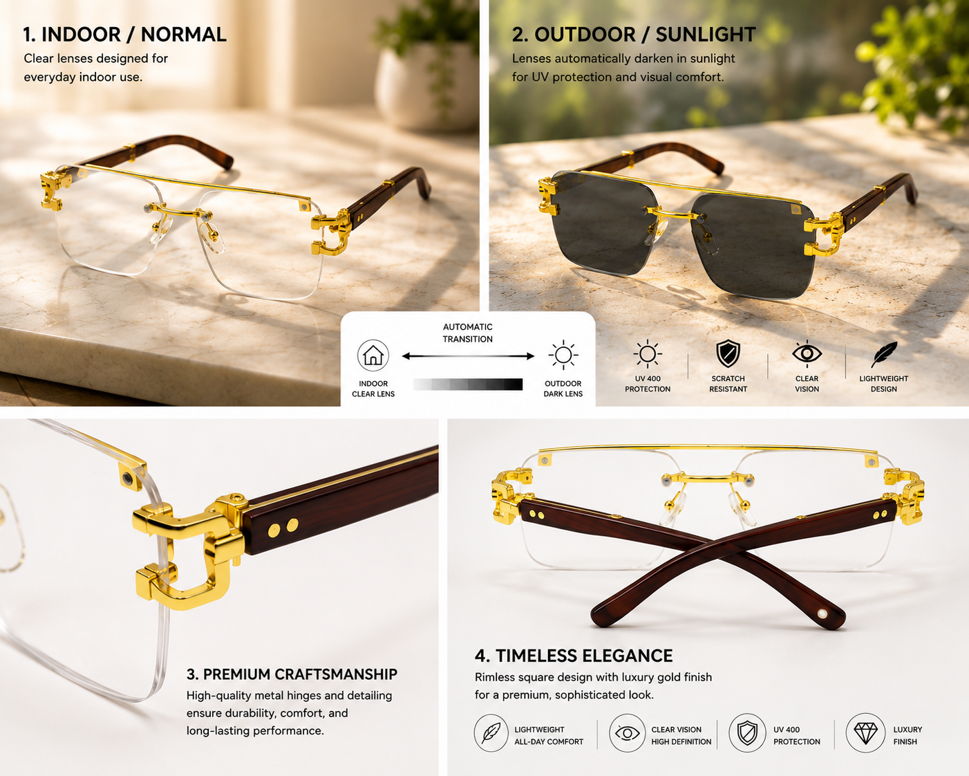 KAMMPT Vintage Rimless  Transition Glasses